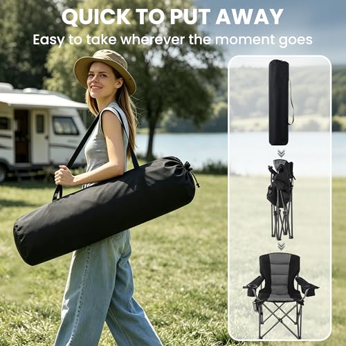 Portable Camping Chair for Adults Heavy Duty 450LBS Thick 600D Oxford Fabric Outdoor Oversized Camping Chairs with Cup Holder and Ice Bag for Sports (Black & Dark Gray)