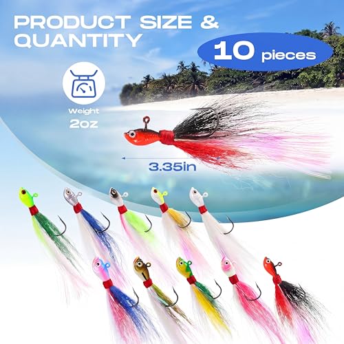10 Pcs Bucktail Jigs Saltwater Hair Jig Fishing Lures (2 oz)
