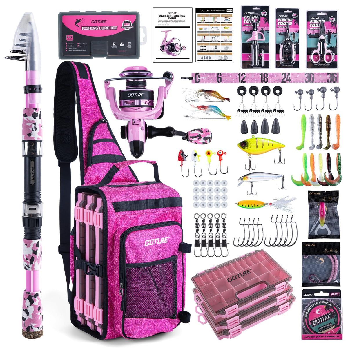 Pink Fishing Rod and Reel Combo (Pink Pole - Sparkling Sling Bag with 3600 Trays / 7FT/2.1M)