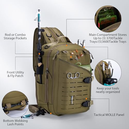 Khaki Tackle Bag with Trays Rod Holder 900D Durable Fishing Tackle Storage Bag for Kayak (Khaki / 900d Water-resistant Oxford Backpack + (3)3600 Trays)
