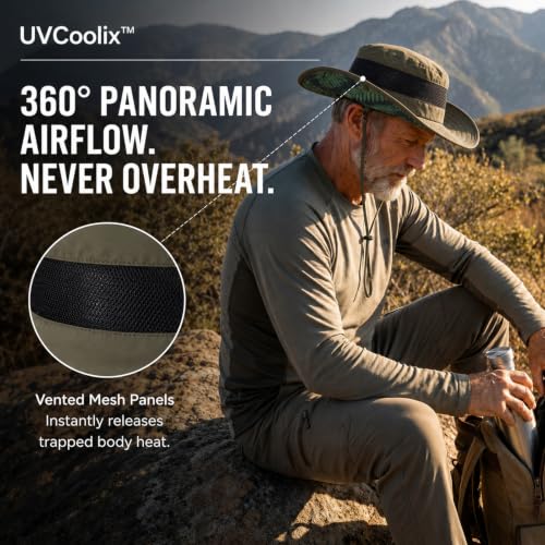 UvCoolix™ Cooling Sweatband Bucket Sun Hat Breathable Mesh Flip (Medium-Large / Armygreen-palm)