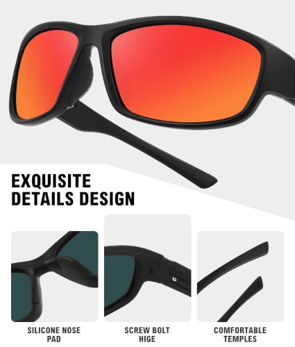 Sports Sunglasses for Men Women Polarized Classic Wrap Around Driving Cycling Golf Fishing Sun Glasses UV Protection 1 (1-black/Red Mirror Lens)