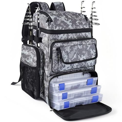 Fishing Tackle Backpack With Rod Holders (Camouflage Gray White)