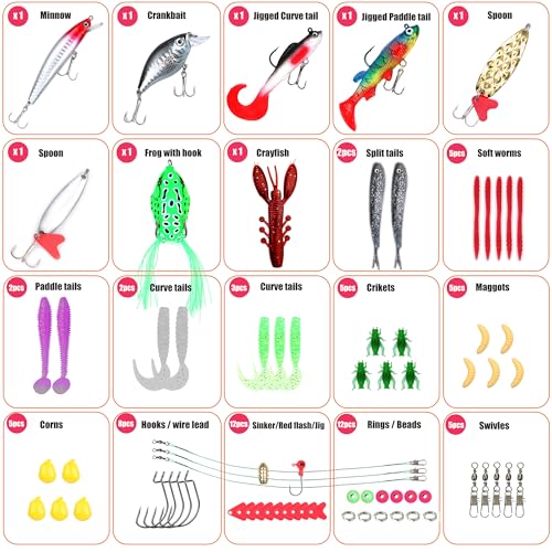 Fishing Gear fishingLure Fish Bait Soft Hard Lure Baits Tackle Box 75pcs Bass Trout Salmon Minnow Popper Crankbait Pencil Plastic Topwater Frogs Lure Lures Spinner (75pcs)