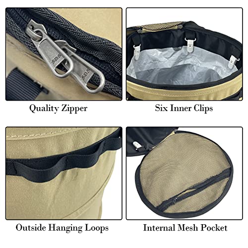 Pop Up Storage Bin Collapsible Trash Can Recycle Container Reusable Utility Bag with Zippered Lid for Camping (khaki color)