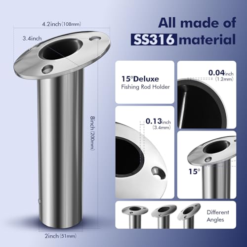 2Pcs Rod Holders for Fishing Boat (Silver - Black Insert / 15 Degree without Cap)