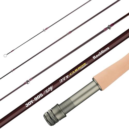 ROOBLINOS 9ft Fast Action Fly Fishing Rod 4 Piece Carbon Fiber Fly Rod with Hard Tube Lightweight & Sensitive for Trout Bass & Stream Freshwater Fishing