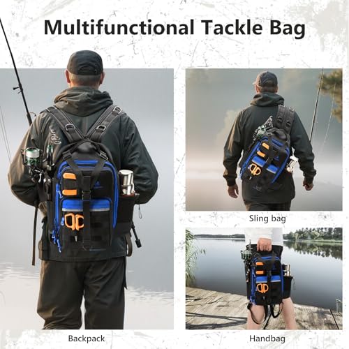 Convertible Fishing Backpack Sling Bag with Rod Holder (Black/Royal Blue / Standard)