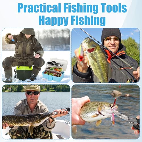 3 Layers Fishing Tackle Box 414 Pcs Fishing Gift Lures Gear Kit with Tackle Included Pliers Lip Gripper Bait Hook Accessories for Beginner Fisherman Women Men (Blue)