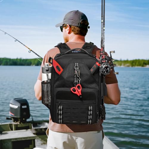 Fishing Tackle Backpack with 2 Rod Holders (A-Black(Without tackle box))