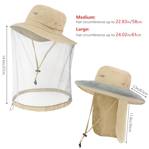 UPF 50+ Mosquito Net Hat with Stowable Neck Flap for Men Women Outdoor Fishing Hiking Camping Gardening FH17 Khaki (Medium / Khaki)