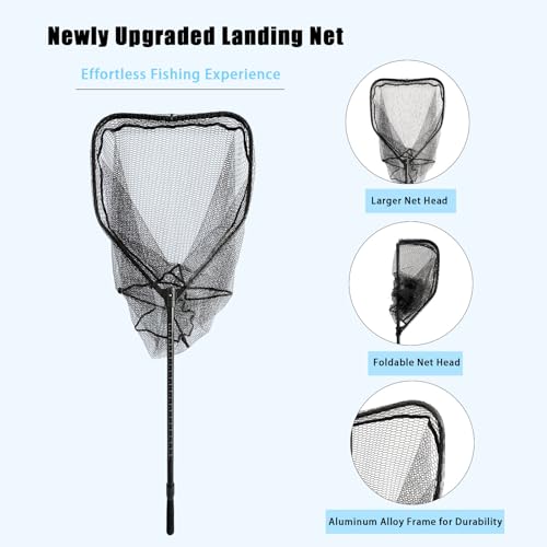 78.5In Large Fishing Net with Handle Fish Landing Net Telescoping Coated Rubber Net Folding Collapsible Extendable Gifts for Men