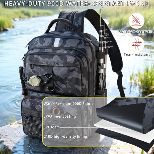 Fishing Backpack with Tackle Boxes and Rod Holder (Black Backpack)
