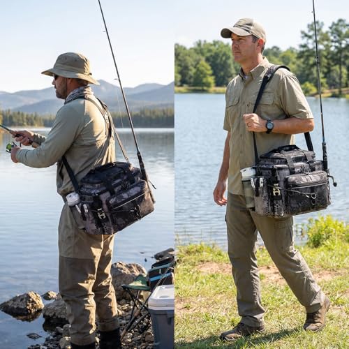 Fishing Tackle Bag with Rod Holders & Cooler Main Compartment (Camouflage Black)