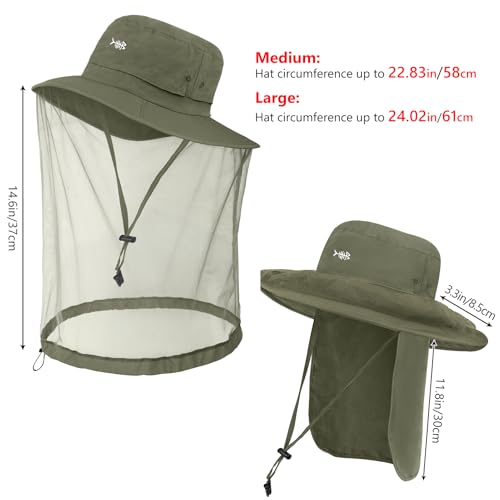 UPF 50+ Mosquito Net Hat with Stowable Neck Flap for Men Women Outdoor Fishing Hiking Camping Gardening FH17 Army Green (Large / Army Green)