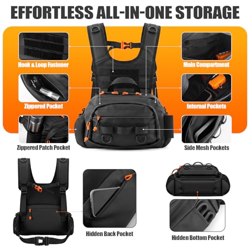 Fishing Chest Pack with Rod Holder (Black)