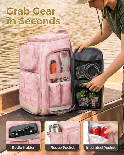 Pro Pink Fishing Backpack for Women with 4 Trays & Rod Holders (Pink Camouflage)
