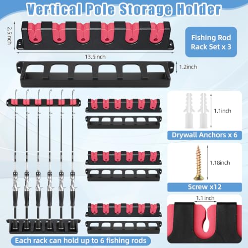 3 Set Fishing Rod Holders for Garage Wall Mount Pole Racks (Vertical)