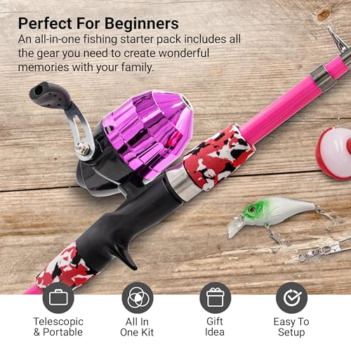 Beginner Kids Fishing Pole & Tackle Box (Pink / 1.2m or 3.9FT)