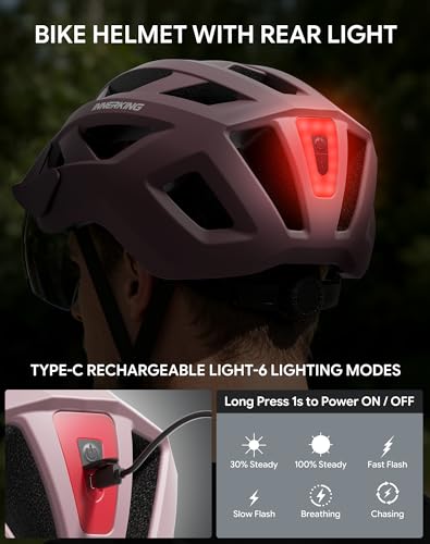 Adult Bike Helmet Rear Light & OTG Magnetic Goggles for Men Women (Lilac / Large)