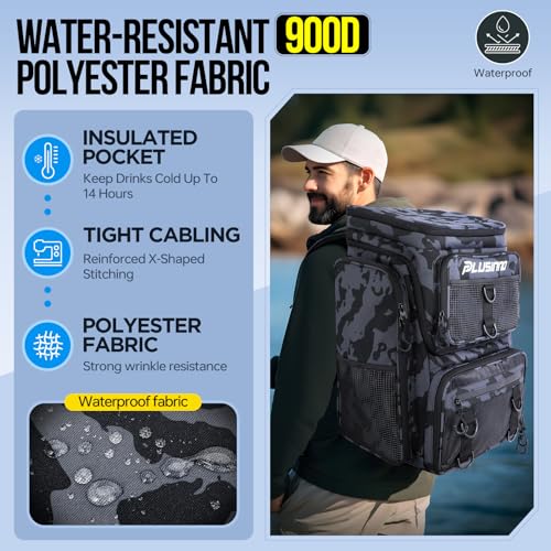 Fishing Tackle Backpack with Rod Holders (Black Camo（4 Tackle Boxes Included）)