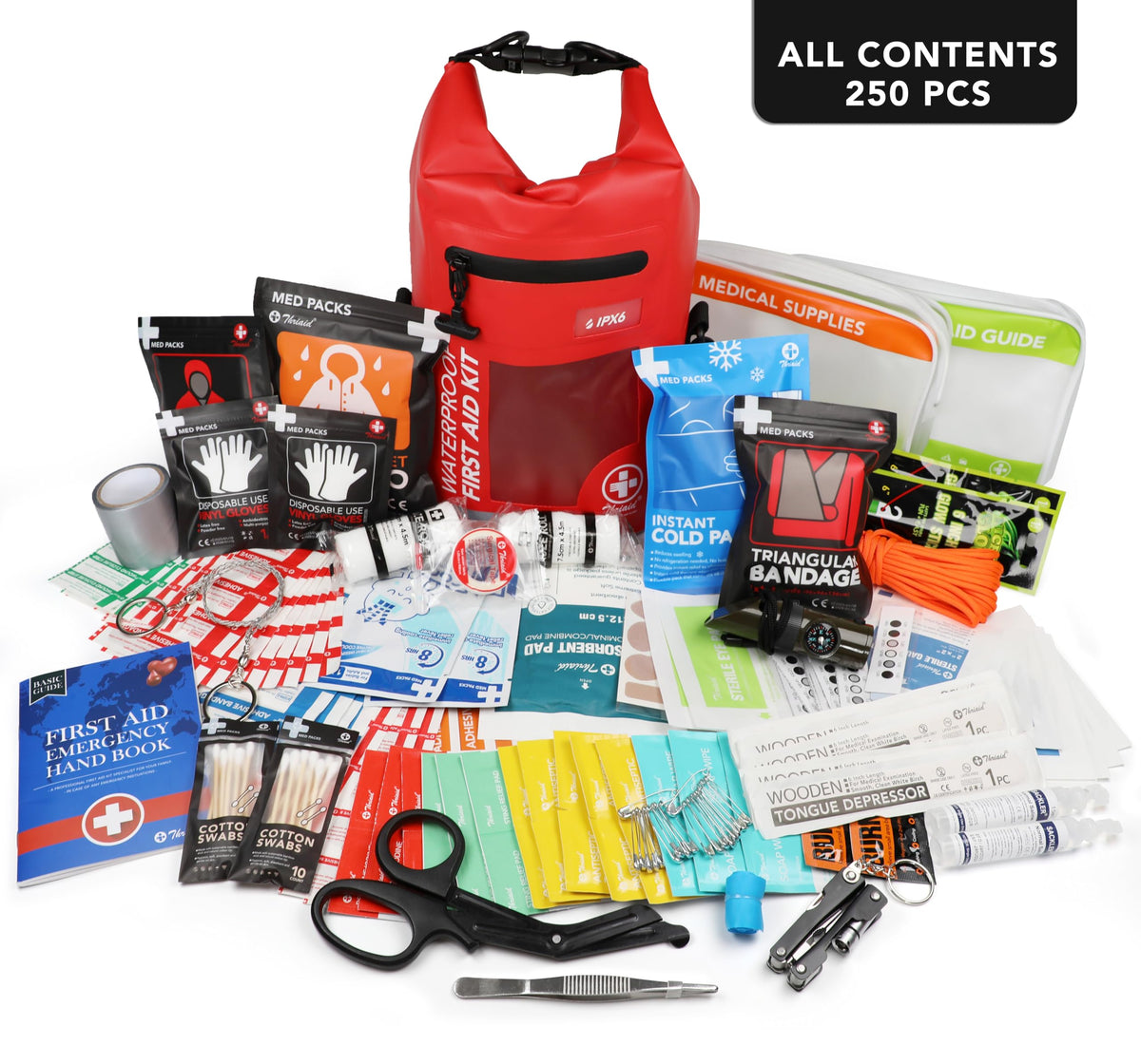 250 PCS Water‑Resistant First Aid Kit (Red / 250 Piece Roll Top Bag)