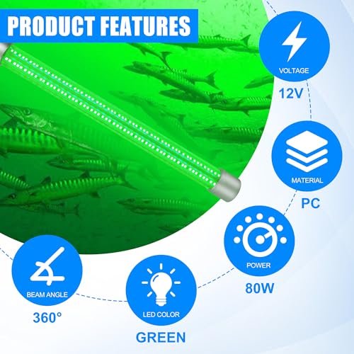 Underwater Fishing Light 80W 12V 40000 Lumens Green Attracting Fish Light LED Fishing Light Submersible Fish Finder Lamp IP68 Waterproof for Freshwater and Saltwater