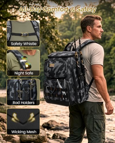 Pro Fishing Backpack with 4 Tackle Boxes & Rod Holders & Cooler (Black Camouflage)