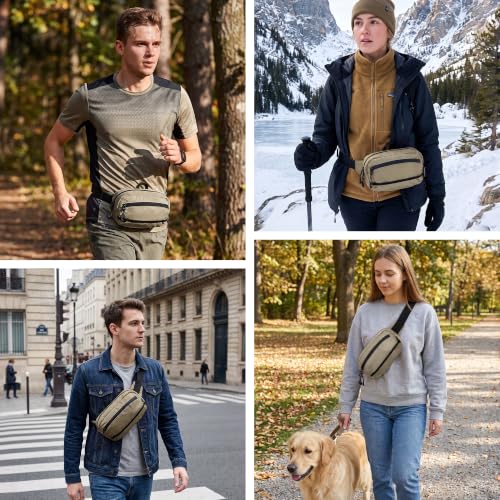 RFID Blocking Fanny Packs for Women and Men Waterproof Crossbody Waist Pack (Khaki)