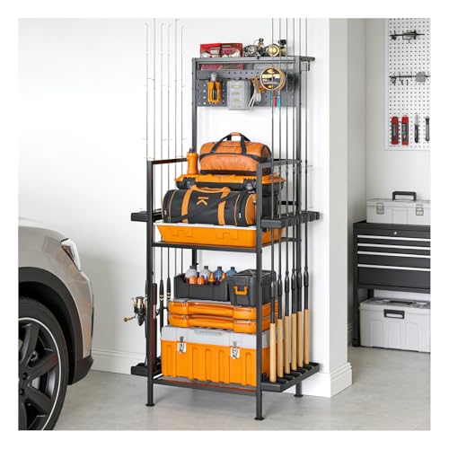 Fishing Rod Holders for Garage with Pegboard & Metal Mesh Basket