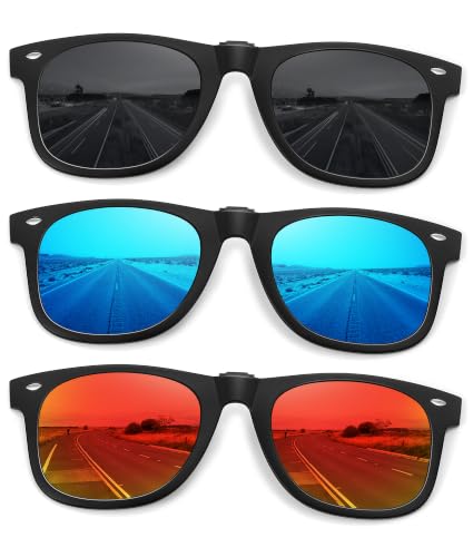 Polarized Clip On Sunglasses for Men Women (3pack-balck+blue Mirrored+red Mirrored)