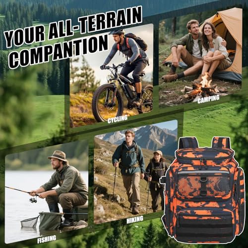 45L Fishing Backpack with Rod Holders & Built (Black and Orange Graffiti)