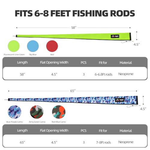 Neoprene Fishing Rod Sleeves with Adjustable Lanyard & Hanging Loop (58＋65in,6pcs)