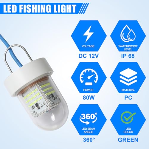 Underwater Fishing Light 80W 12V 40000 Lumens Green Attracting Fish Lights LED Submersible Fish Finder Lamp IP68 Waterproof for Freshwater and Saltwater Short (80W,20FT Wire)
