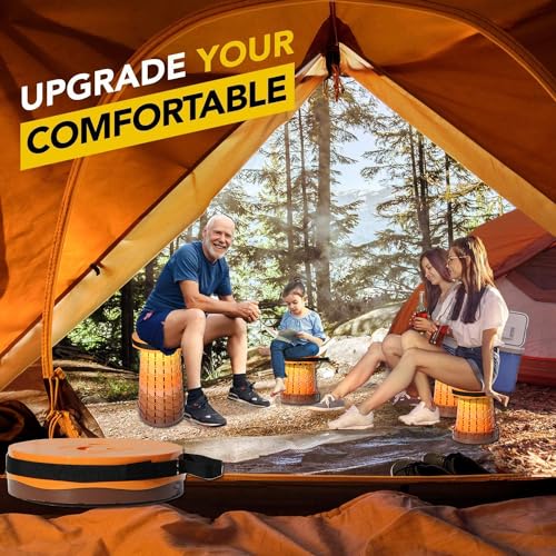 Upgraded 19.7"Portable Collapsible Folding Stool with Cushion Retractable Telescoping Foldable Stool for Adults Heavy Duty Camping Sturdy with Max Load Capacity 1000lbs for Outdoor Fishing Hiking BBQ (Fire / XX-Large)