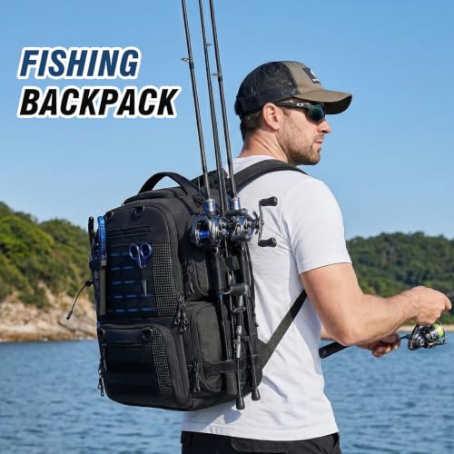 Fishing Tackle Backpack with 2 rod holders & 4 Tackle Boxes (Black（4 Tackle Boxes Included）)