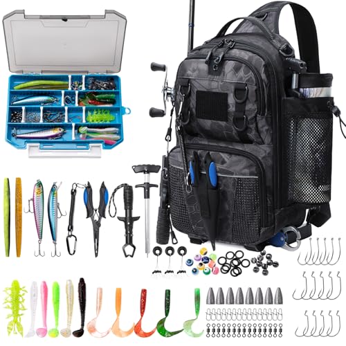 Fishing Bag with Tackle Boxes (Black Camo（Included Fishing Tools Kit）)