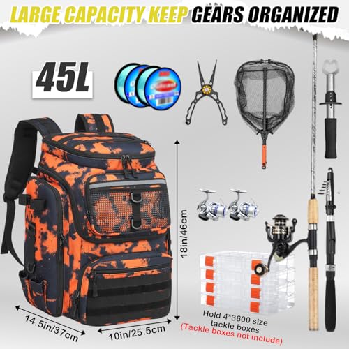 45L Fishing Backpack with Rod Holders & Built (Black and Orange Graffiti)
