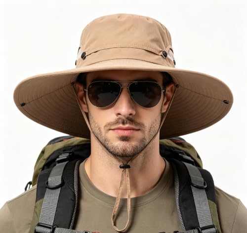 Fishing Sun Hat for Men UPF 50+ Wide Brim Boonie Hats for Summer (Khaki)