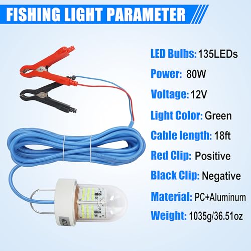 Underwater Fishing Light 80W 12V 40000 Lumens Green Attracting Fish Lights LED Submersible Fish Finder Lamp IP68 Waterproof for Freshwater and Saltwater Short (80W,20FT Wire)