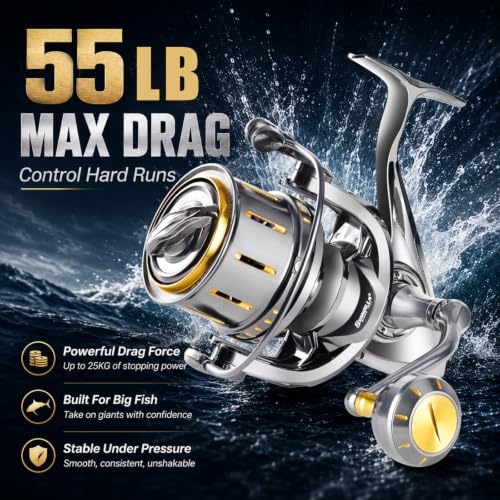 Heavy Duty Spinning Reel Metal Body with CNC Machined Spool 55LB Max Drag 8+1 Bearings Ultra Smooth 4.6 (BP11000 / Large)