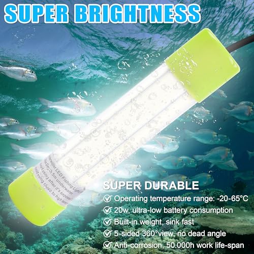 Underwater Fishing Light 20W 16000 Lumens 12V Super Bright LED Submersible Fish Bait Finder Lamp Deep Drop Night Fishing Attracting Light for Snook Crappie Squid Shrimp Prawns Boat Dock (White)