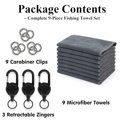 9 Pack Gray Fishing Towels with Clips & Zinger Retractors (9pcs-gray)