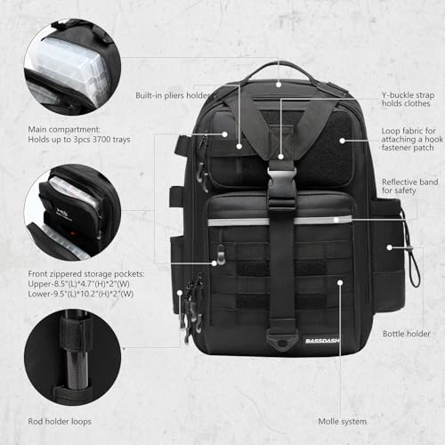 Convertible Fishing Backpack Sling Bag with Rod Holder (Black / Large)