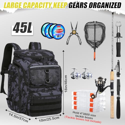 45L Fishing Backpack with Rod Holders & Built (Black and Blue CM)