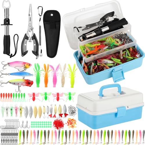 3 Layers Fishing Tackle Box 414 Pcs Fishing Gift Lures Gear Kit with Tackle Included Pliers Lip Gripper Bait Hook Accessories for Beginner Fisherman Women Men