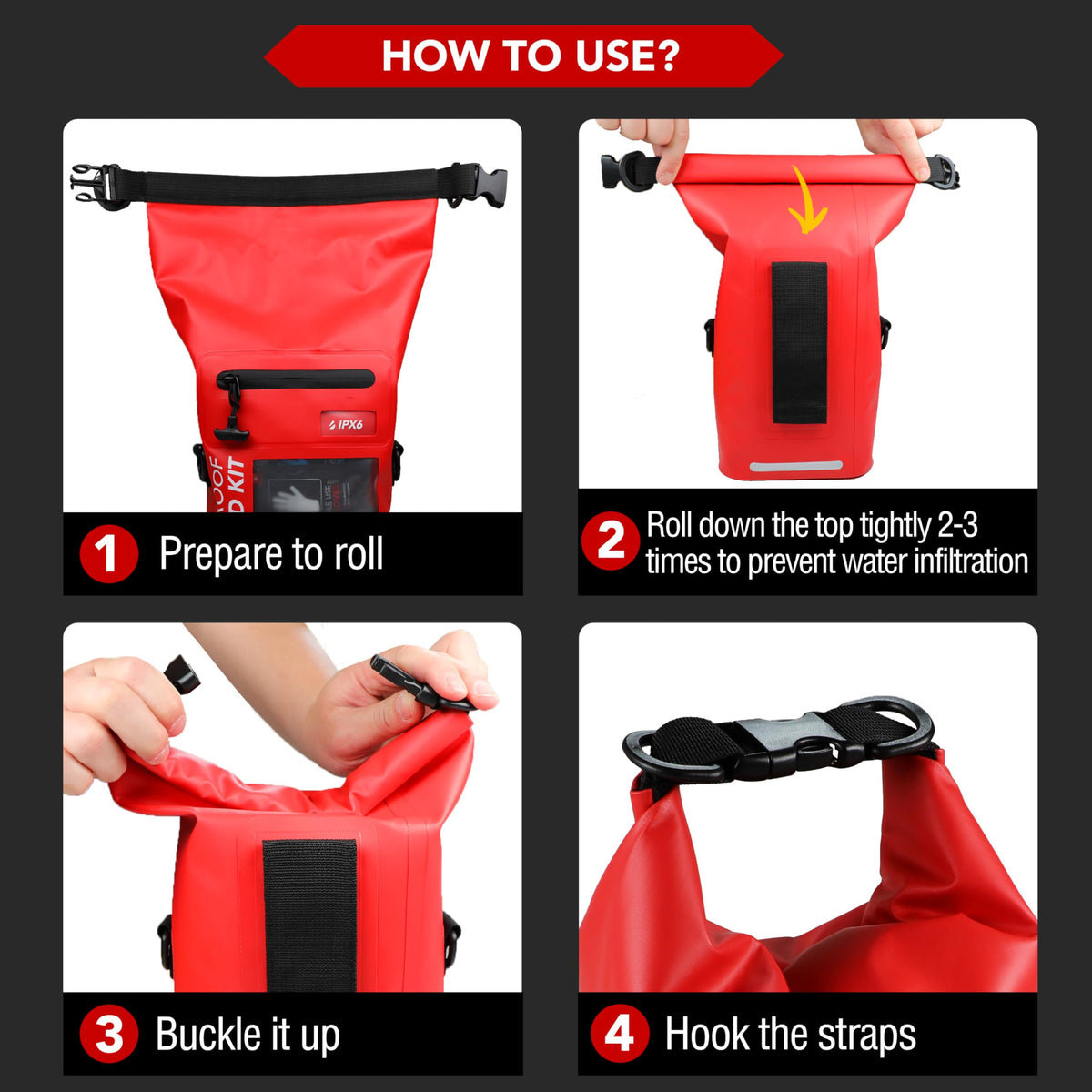 250 PCS Water‑Resistant First Aid Kit (Red / 250 Piece Roll Top Bag)