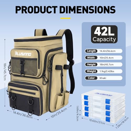 Fishing Backpack with Rod Holders (Khaki (4 Tackle Boxes Included))