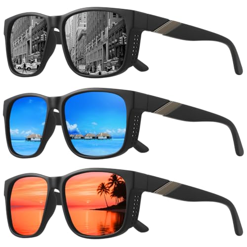 Polarized Sunglasses for Men Women (3pack Black/Blue/Red)