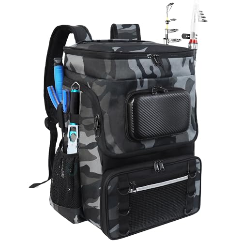 Fishing Backpack with Rod Holder (Camo Gray without Tackle Boxes or Fishing Tools)